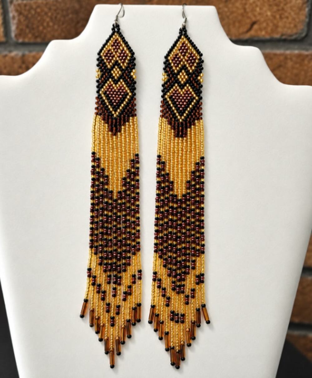 Bead Fringe Earrings Cascading Gold Brown Dangling Strands